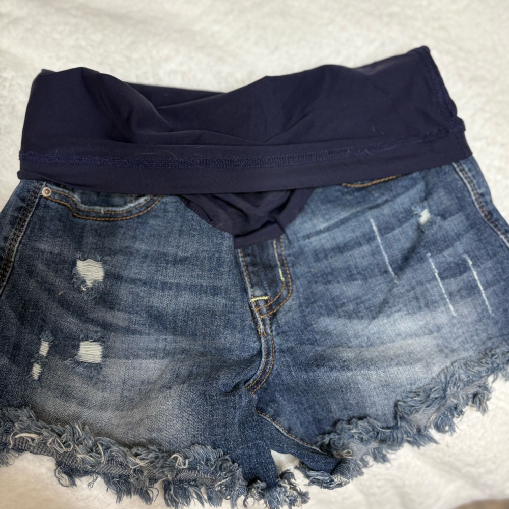 Pinkblush Denim Maternity Shorts with Navy Waistband Medium Stretch